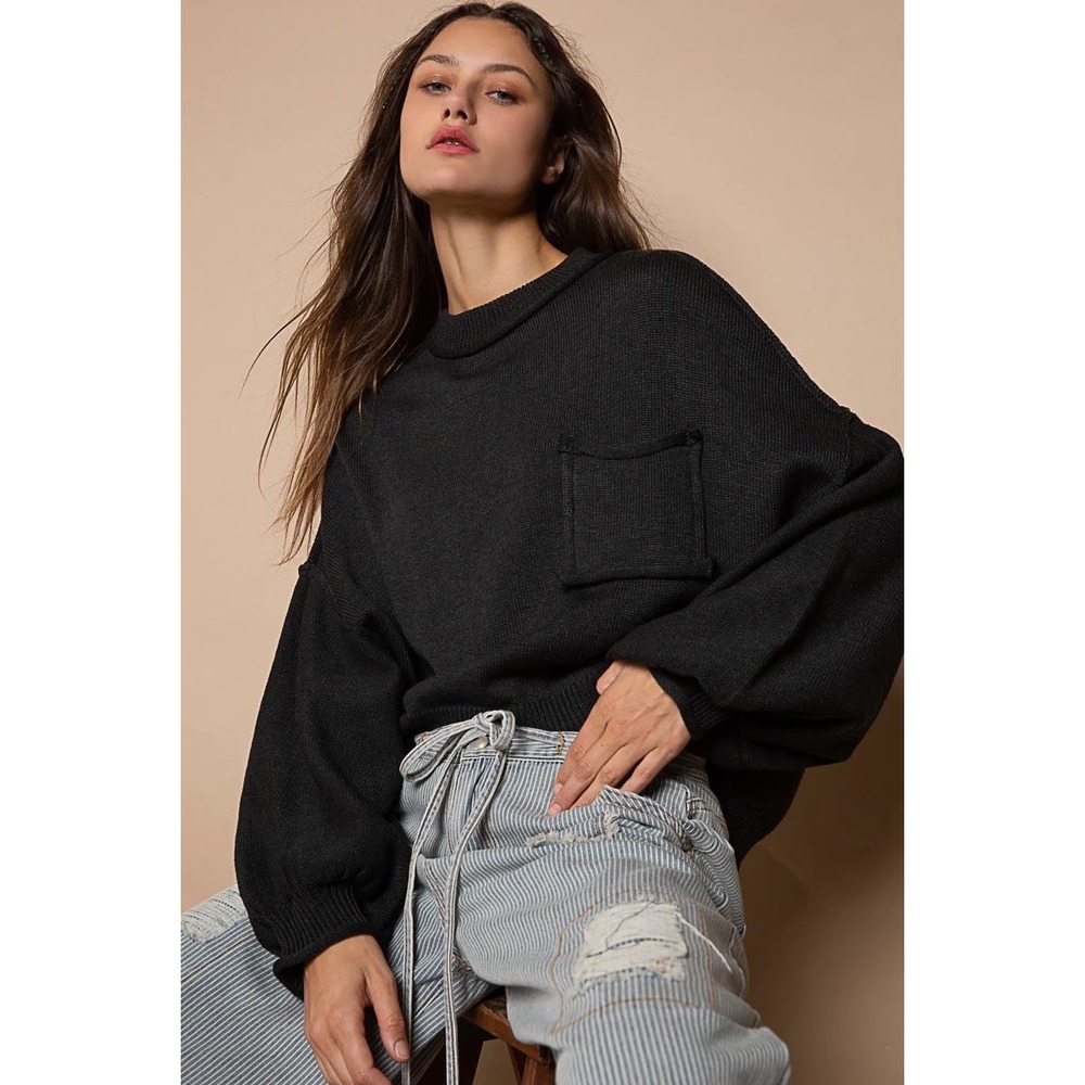 POL Womens Black Slouchy Long Sleeve Pocket Sweater Sweater‎ S
